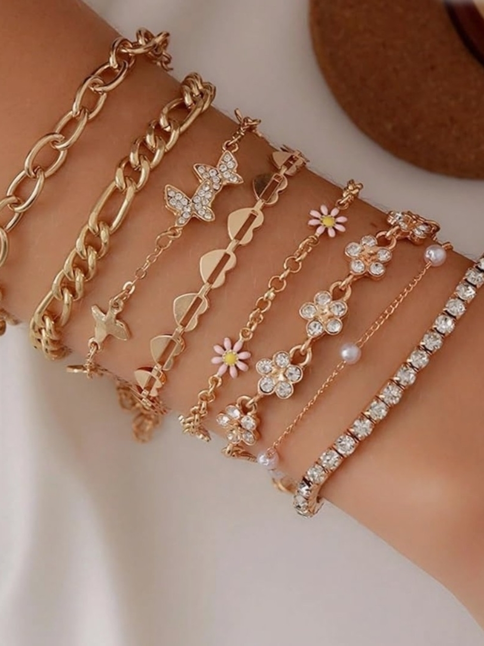 Gold Layered Floral & Crystal Bracelet Set